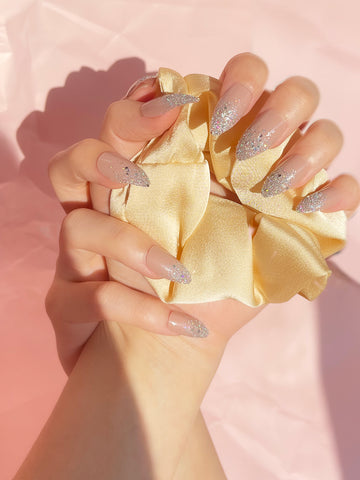 OPOOLA 24 pcs Nude Stiletto Shape French Glitter Fake Press On Nails with Jelly Glue & Nail Buffer